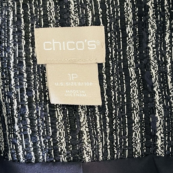 Chico's Striped Tweed Blazer Jacket 1P 8P US Navy Single Button Fringe - Picture 8 of 11